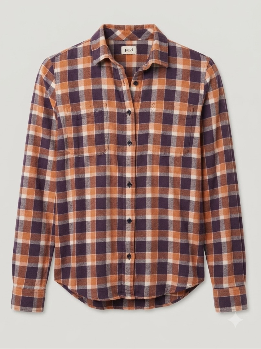Pact Mila Organic Cotton Flannel Plaid Button Down Shirt Orange Purple Large - Picture 8 of 8